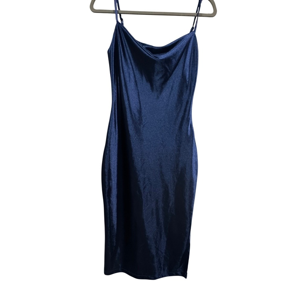 Xxxiticat Satin Cowl Neck Midi Dress Womens Small Navy Stretch HOCO Elegant